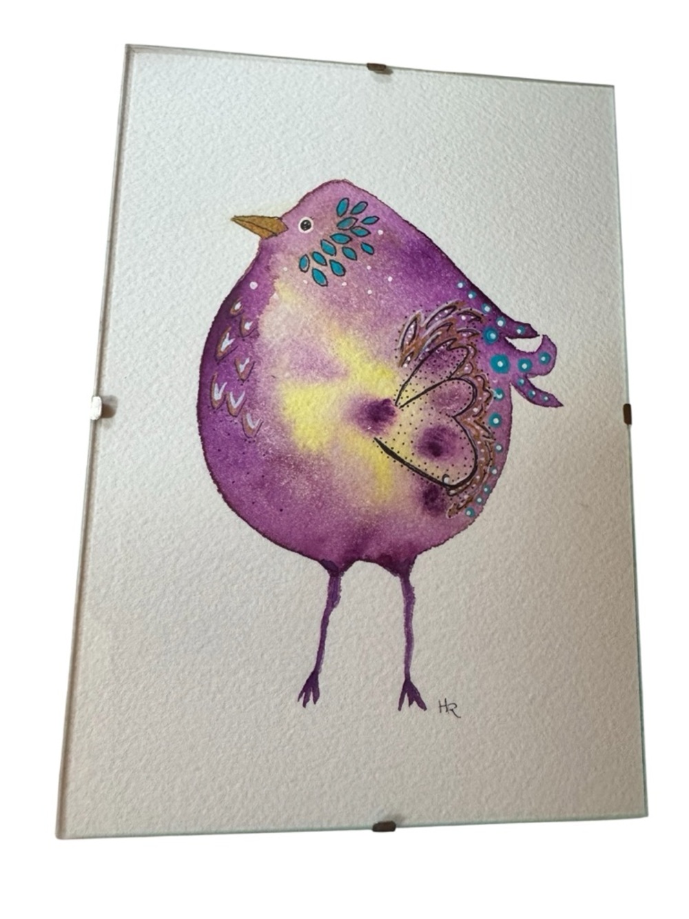 Original Watercolor Purple Yellow Whimsical Tie Dye Bird Framed Glass 5”x 7”